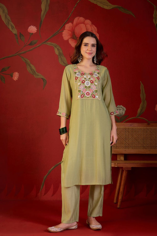 Green Floral Embroidered Cotton Straight Cut Suit (ACB1909)