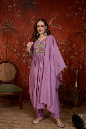 Lavender Floral Embroidered Cotton Straight Cut Suit (ACB1910)