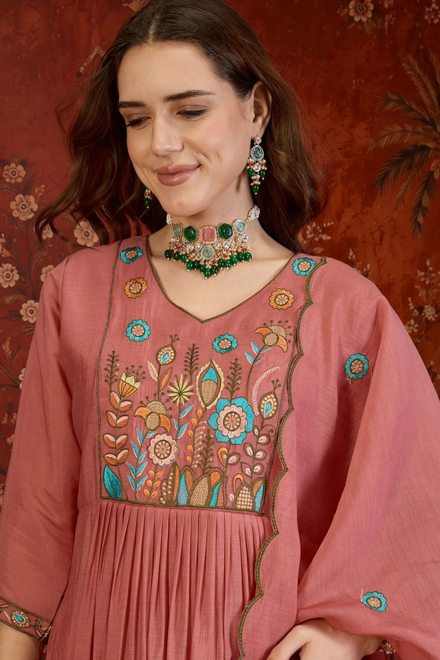 Peach Floral Embroidered Cotton Straight Cut Suit (ACB1911)