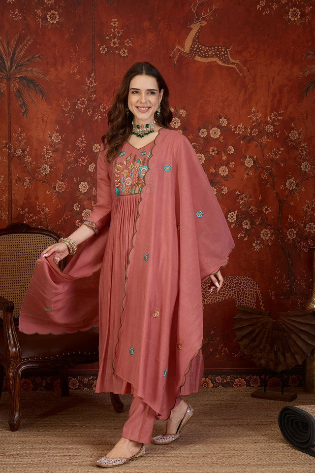 Peach Floral Embroidered Cotton Straight Cut Suit (ACB1911)