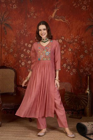 Peach Floral Embroidered Cotton Straight Cut Suit (ACB1911)