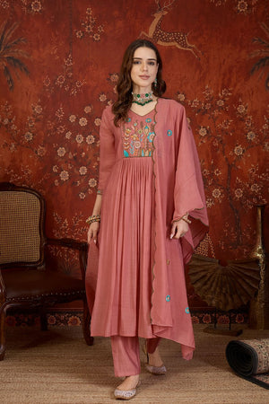 Peach Floral Embroidered Cotton Straight Cut Suit (ACB1911)
