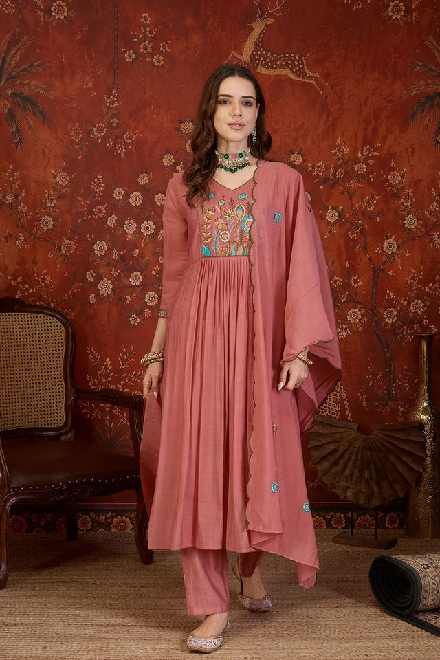 Peach Floral Embroidered Cotton Straight Cut Suit (ACB1911)