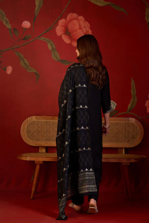 Black Beads Embossed Silk Straight Cut Suit (ACB1912)