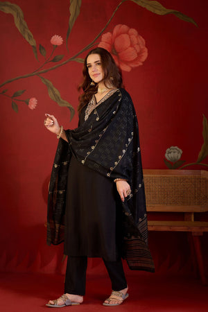 Black Beads Embossed Silk Straight Cut Suit (ACB1912)
