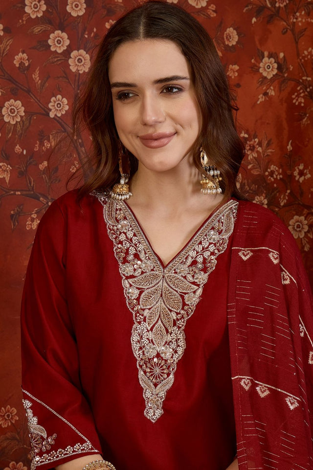Maroon Beads Embossed Silk Straight Cut Suit (ACB1913)