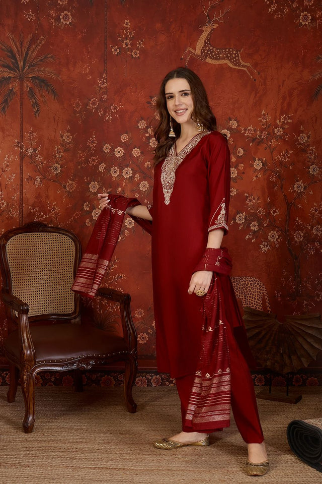 Maroon Beads Embossed Silk Straight Cut Suit (ACB1913)