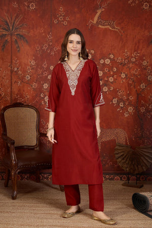 Maroon Beads Embossed Silk Straight Cut Suit (ACB1913)