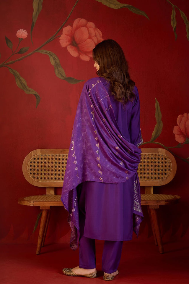 Violet Beads Embossed Silk Straight Cut Suit (ACB1914)