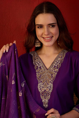 Violet Beads Embossed Silk Straight Cut Suit (ACB1914)