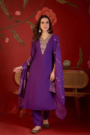Violet Beads Embossed Silk Straight Cut Suit (ACB1914)
