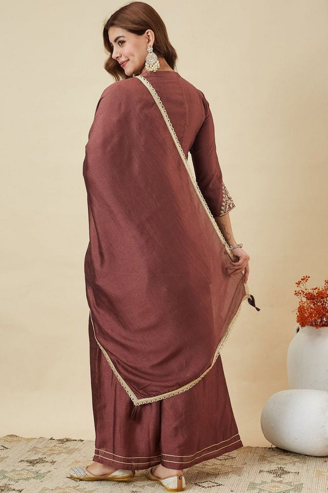 Brown Floral Embroidered Silk Palazzo Suit (ACB1923)