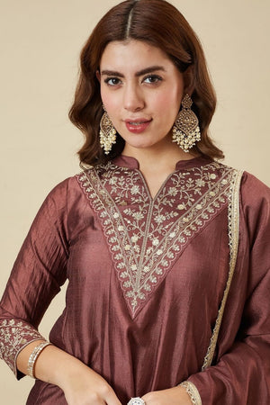 Brown Floral Embroidered Silk Palazzo Suit (ACB1923)