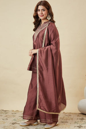 Brown Floral Embroidered Silk Palazzo Suit (ACB1923)