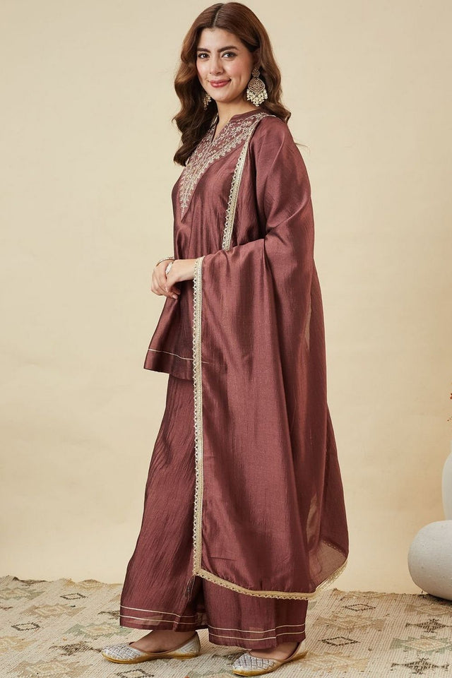 Brown Floral Embroidered Silk Palazzo Suit (ACB1923)