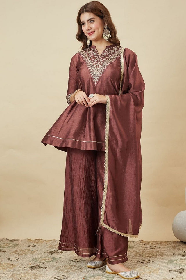 Brown Floral Embroidered Silk Palazzo Suit (ACB1923)