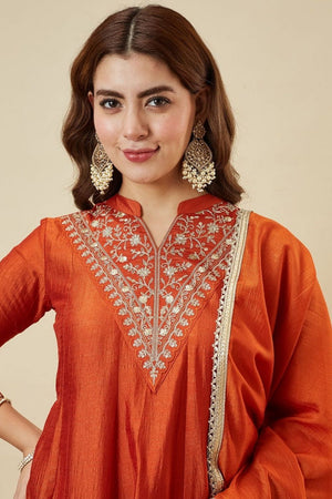 Orange Floral Embroidered Silk Palazzo Suit (ACB1924)