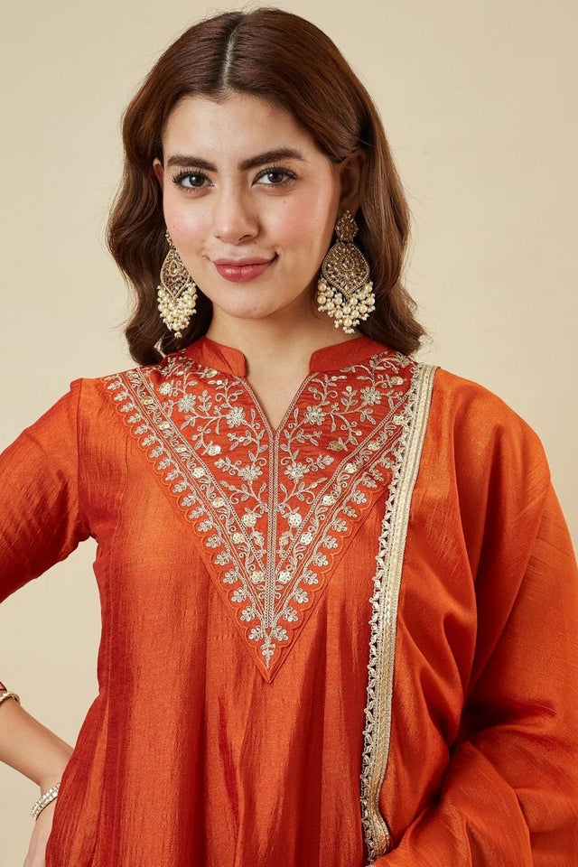 Orange Floral Embroidered Silk Palazzo Suit (ACB1924)