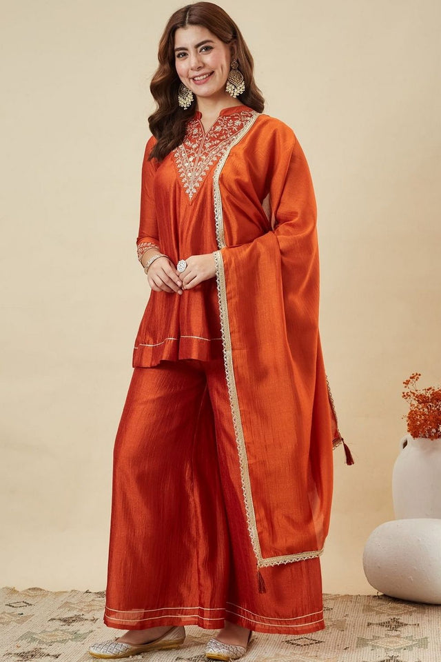 Orange Floral Embroidered Silk Palazzo Suit (ACB1924)