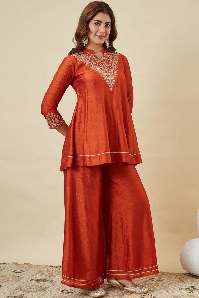 Orange Floral Embroidered Silk Palazzo Suit (ACB1924)