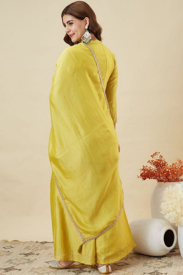 Yellow Floral Embroidered Silk Palazzo Suit (ACB1925)