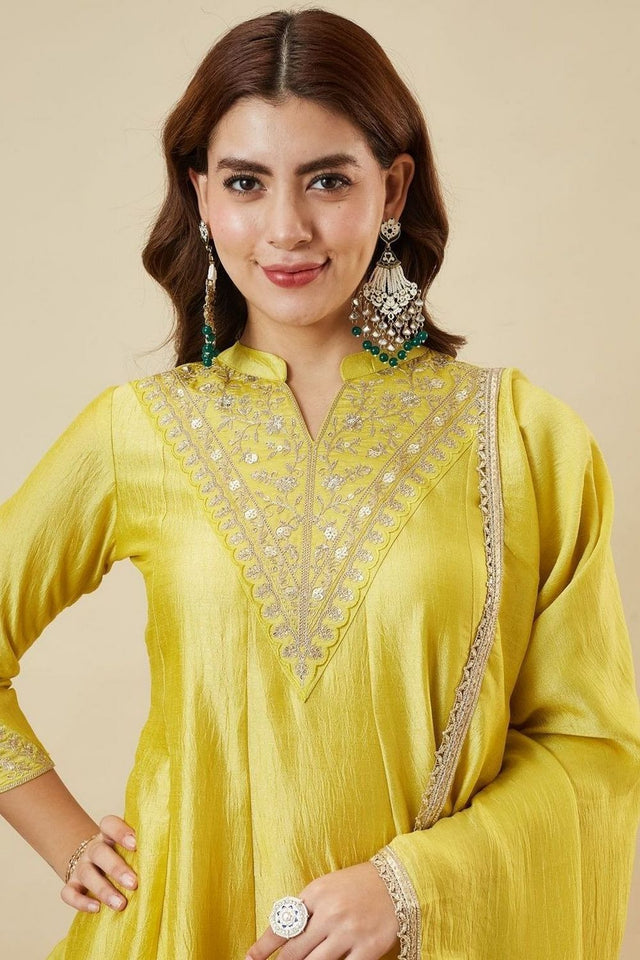 Yellow Floral Embroidered Silk Palazzo Suit (ACB1925)