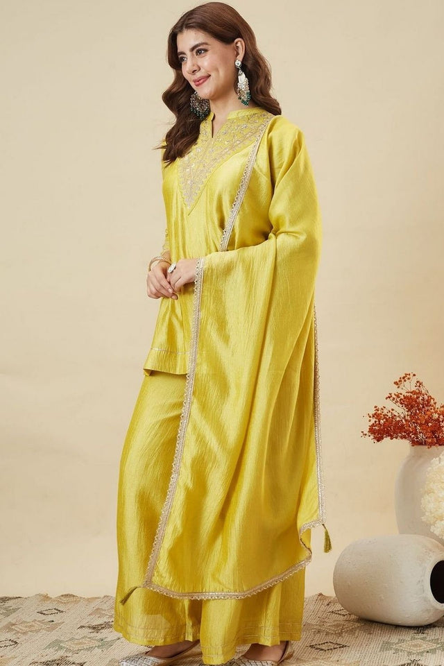 Yellow Floral Embroidered Silk Palazzo Suit (ACB1925)