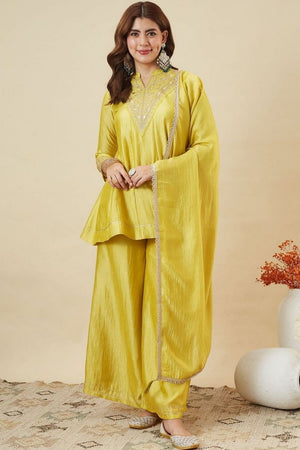 Yellow Floral Embroidered Silk Palazzo Suit (ACB1925)