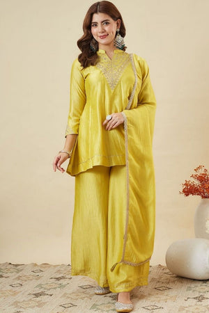 Yellow Floral Embroidered Silk Palazzo Suit (ACB1925)