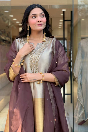 Grey Floral Embroidered Viscose Straight Cut Suit (ACB1926)