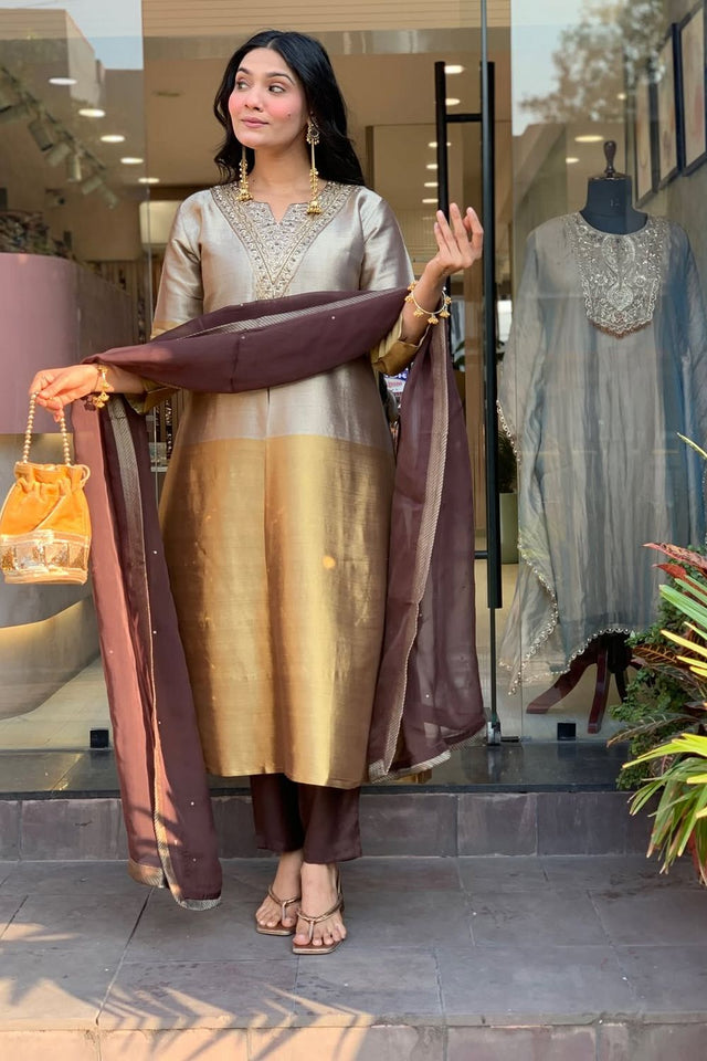 Grey Floral Embroidered Viscose Straight Cut Suit (ACB1926)