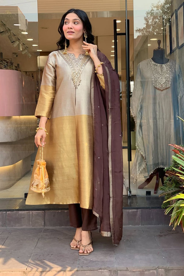Grey Floral Embroidered Viscose Straight Cut Suit (ACB1926)