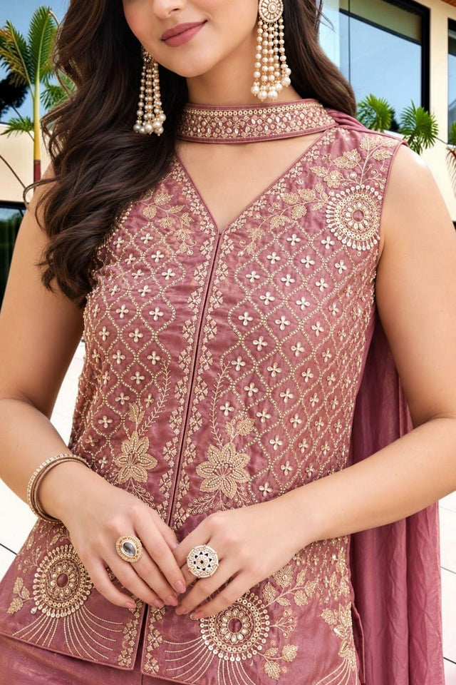 Pink Heavy Embroidered Satin Palazzo Suit (ACB1929)
