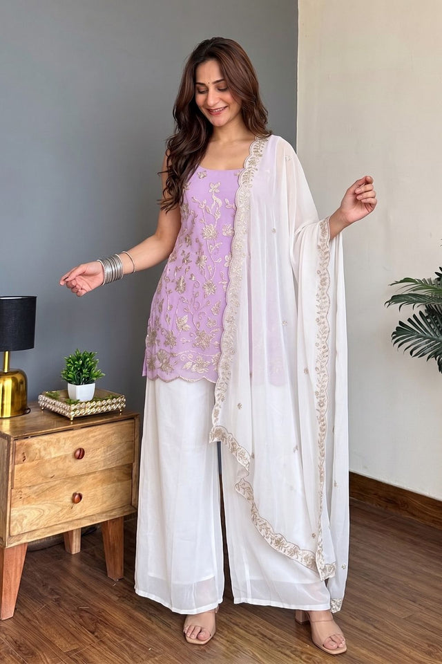 Lavender Floral Embroidered Georgette Palazzo Suit (ACB1930)
