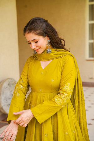 Mustard Embroidered Chanderi Anarkali Suit (ACB1931)