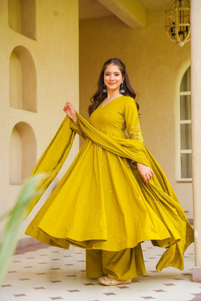 Mustard Embroidered Chanderi Anarkali Suit (ACB1931)