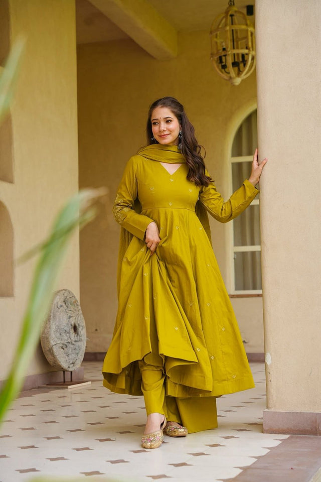Mustard Embroidered Chanderi Anarkali Suit (ACB1931)