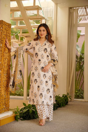 Off-White Floral Printed Rayon Straight Cut Suit (ACB1932)