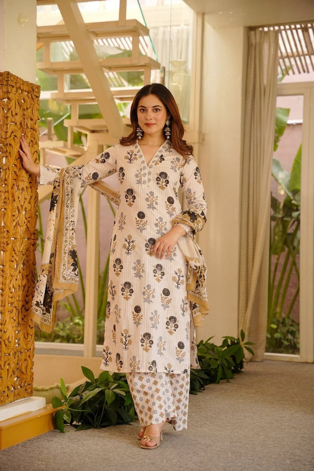 Off-White Floral Printed Rayon Straight Cut Suit (ACB1932)