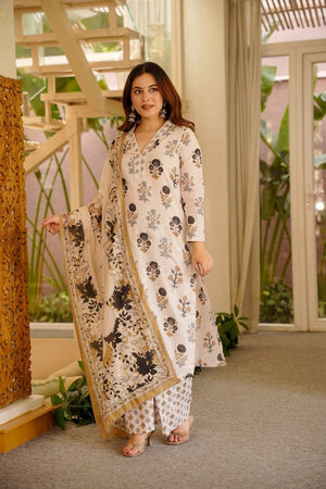 Off-White Floral Printed Rayon Straight Cut Suit (ACB1932)