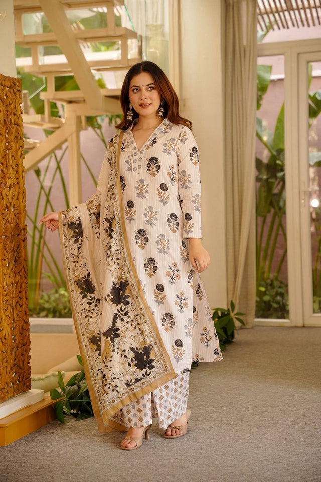 Off-White Floral Printed Rayon Straight Cut Suit (ACB1932)