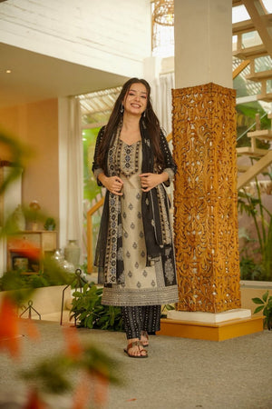 Beige Printed Rayon Straight Cut Suit (ACB1933)