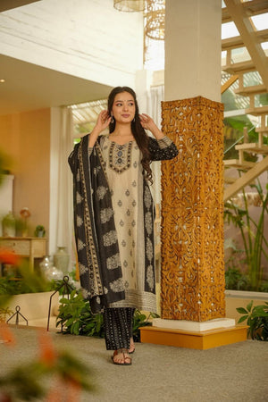 Beige Printed Rayon Straight Cut Suit (ACB1933)