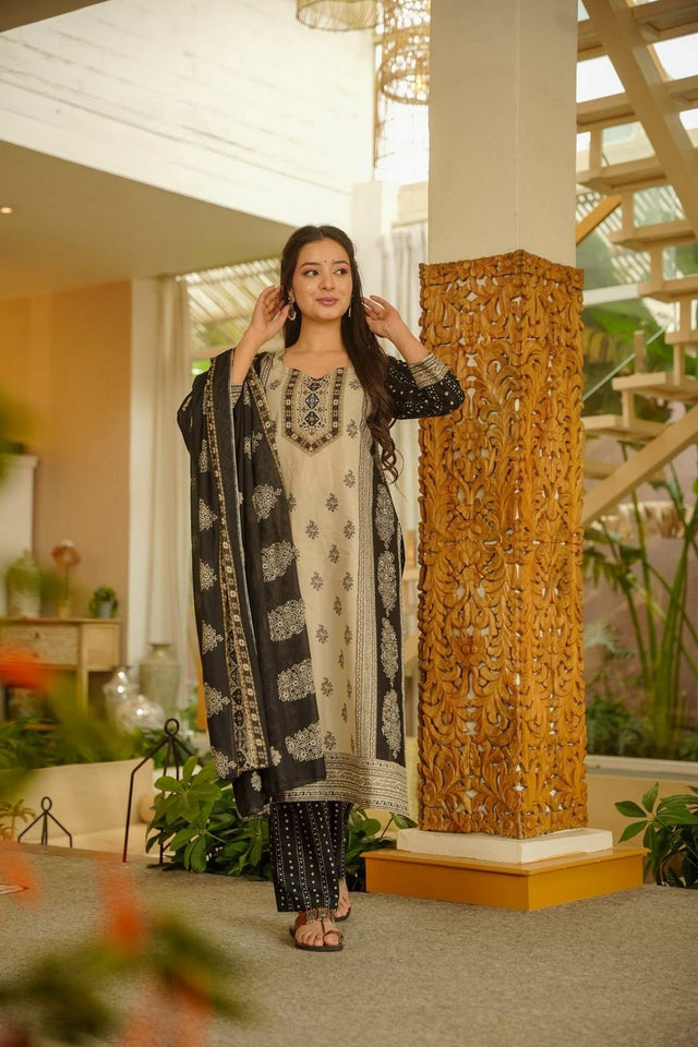Beige Printed Rayon Straight Cut Suit (ACB1933)