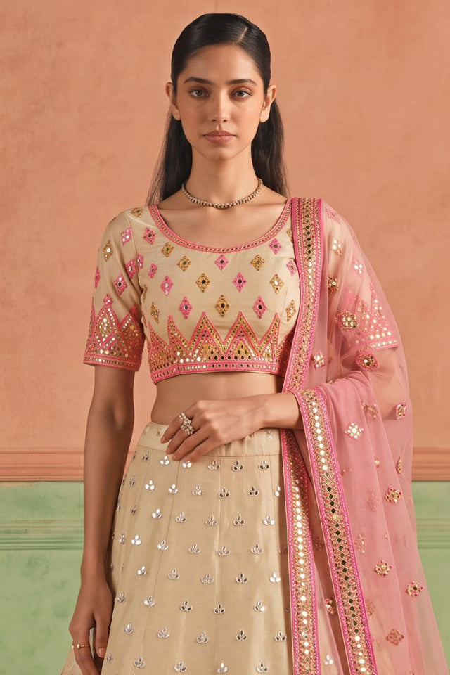 Beige Mirror Work with Embroidered Organza Lehenga (ACB1935)