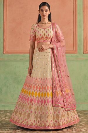Beige Mirror Work with Embroidered Organza Lehenga (ACB1935)