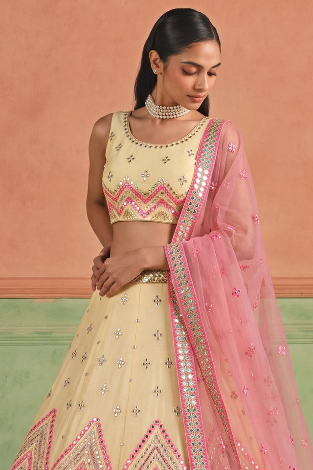 Off White Mirror Work with Embroidered Organza Lehenga (ACB1936)