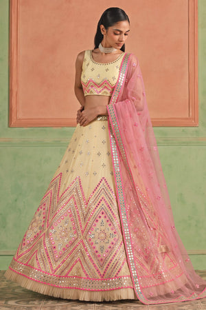 Off White Mirror Work with Embroidered Organza Lehenga (ACB1936)