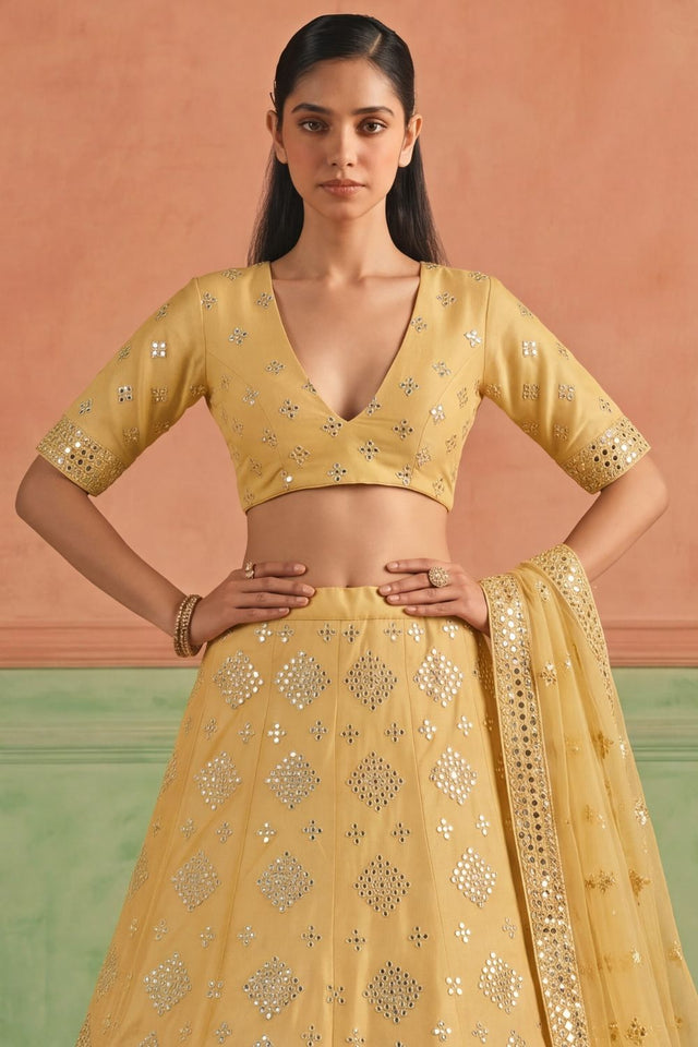 Yellow Mirror Work with Embroidered Organza Lehenga (ACB1937)