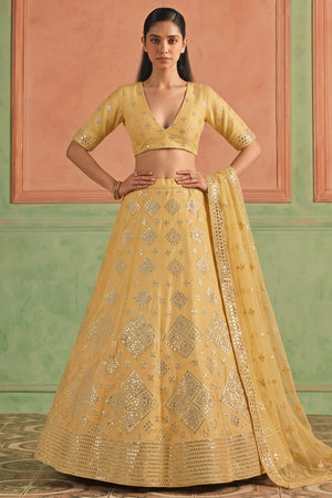 Yellow Mirror Work with Embroidered Organza Lehenga (ACB1937)